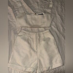 Textured Cream Two-Piece Crop Top & High-Waist Shorts Set